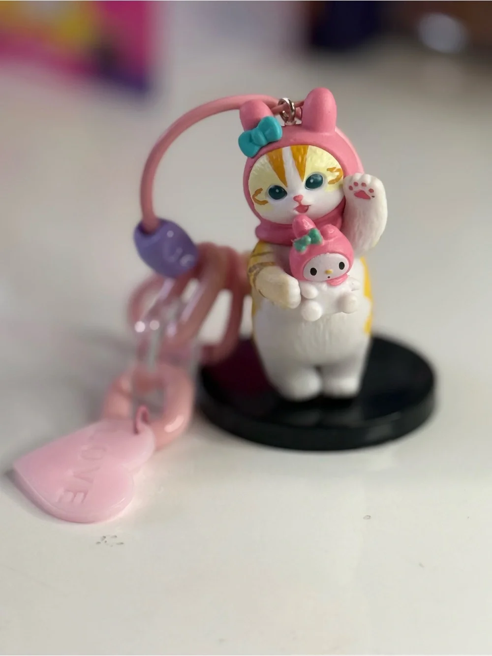 Pink mofusand Figurine Keychain with Bow and Mini Doll